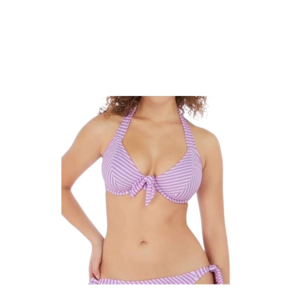 FREYA Beach Hut Tie Halter Bikini Top 34DDD White/Lilac Stripes Unworn VEUC